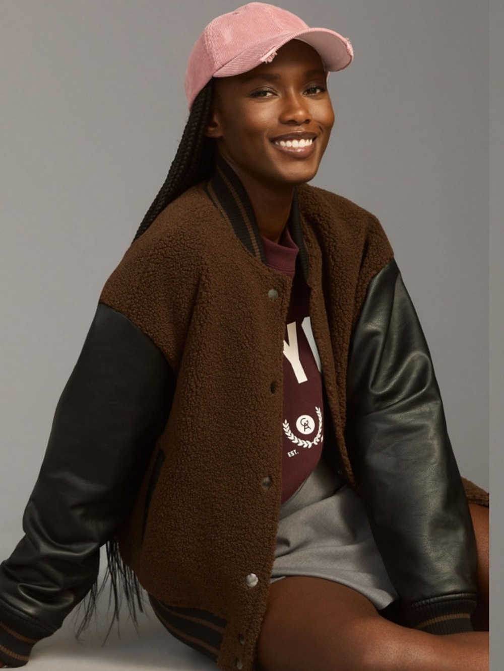 Anthropologie Sherpa Varsity Bomber Jacket in Blk/Brn Size Medium